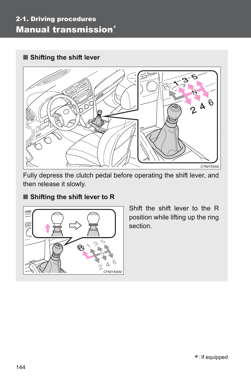 P. 144), Manual transmission | TOYOTA 2011 Camry User Manual | Page 171 / 573