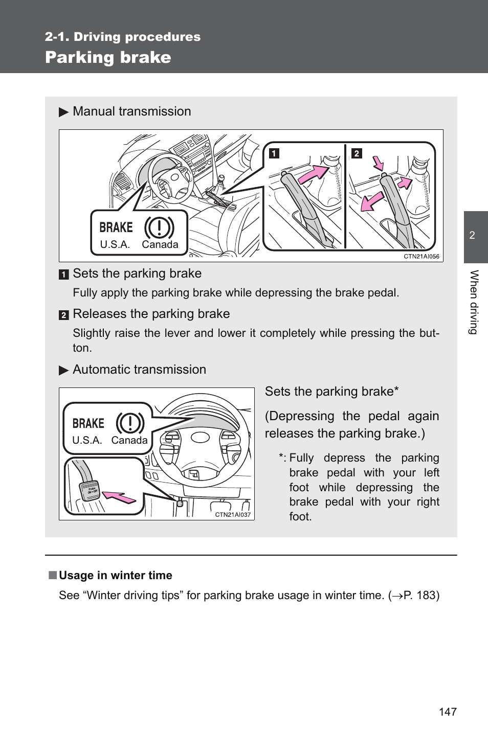 P. 147), Parking brake | TOYOTA 2011 Camry User Manual | Page 174 / 573