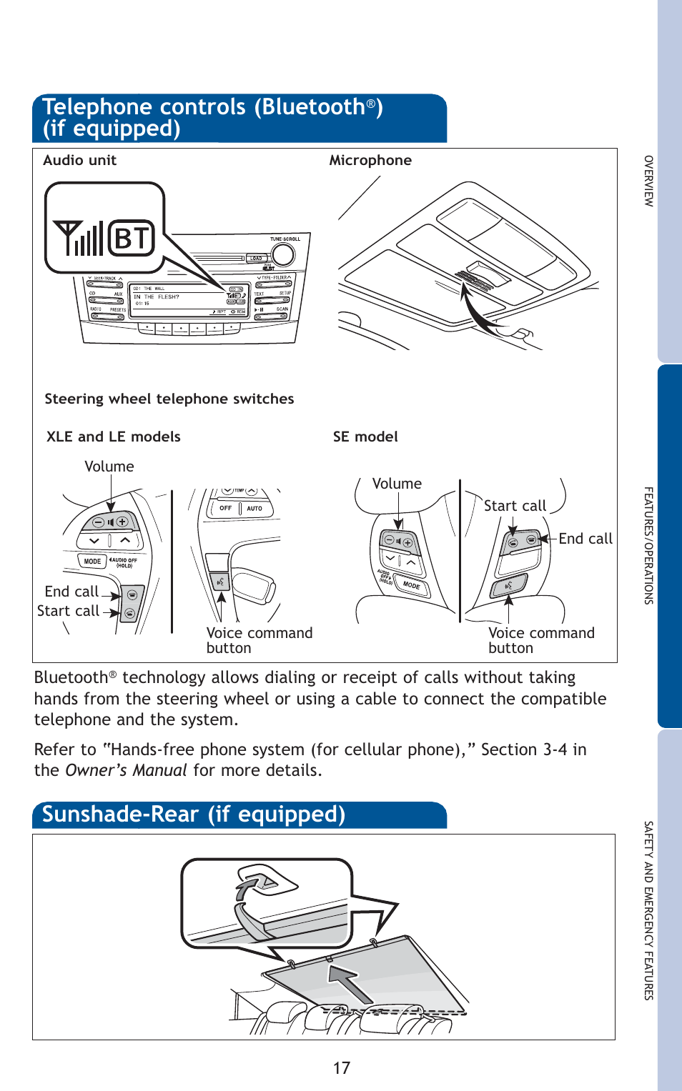 Telephone controls (bluetooth, If equipped), Sunshade-rear (if equipped) | TOYOTA 2011 Camry User Manual | Page 19 / 573