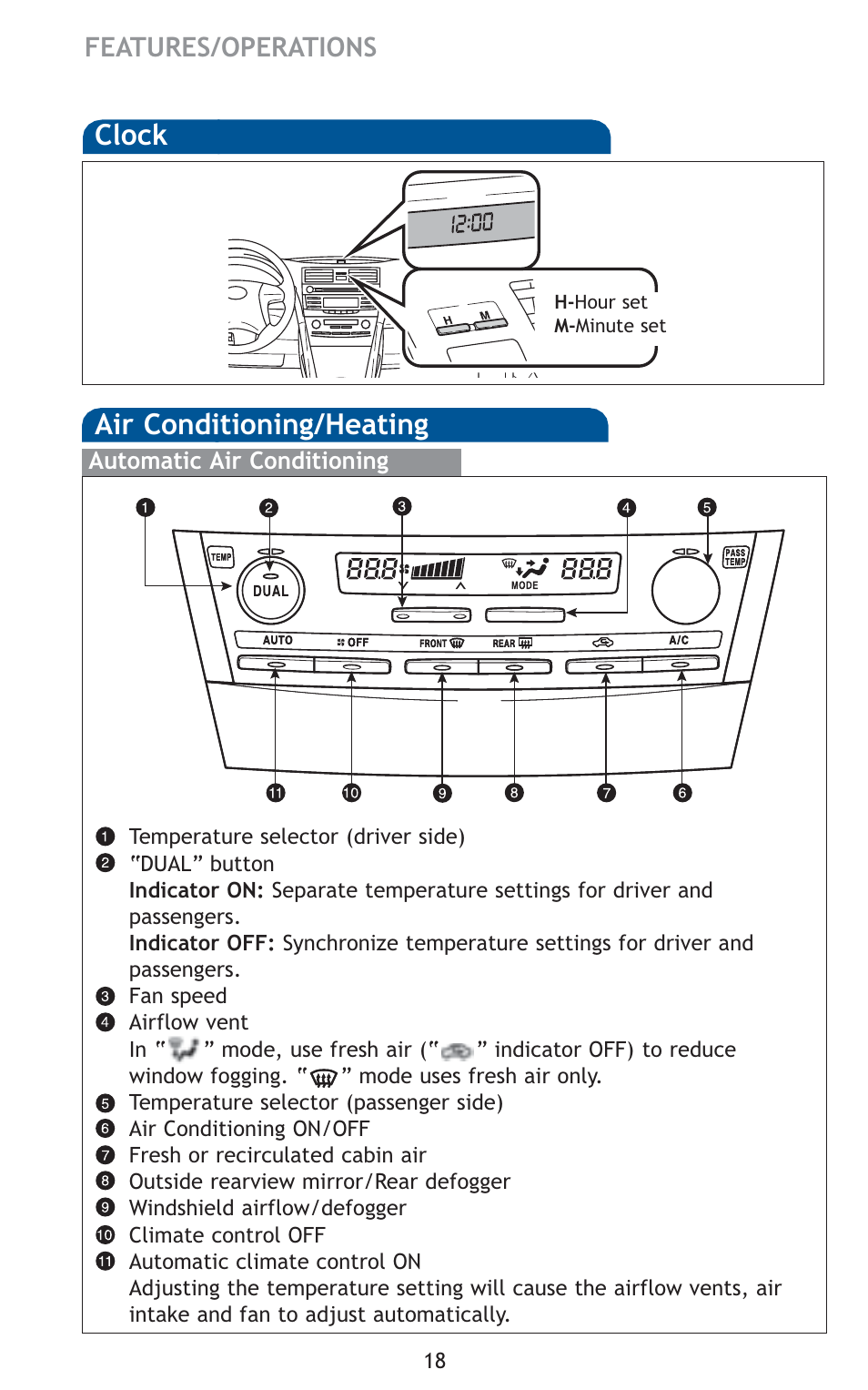 Air conditioning/heating clock | TOYOTA 2011 Camry User Manual | Page 20 / 573