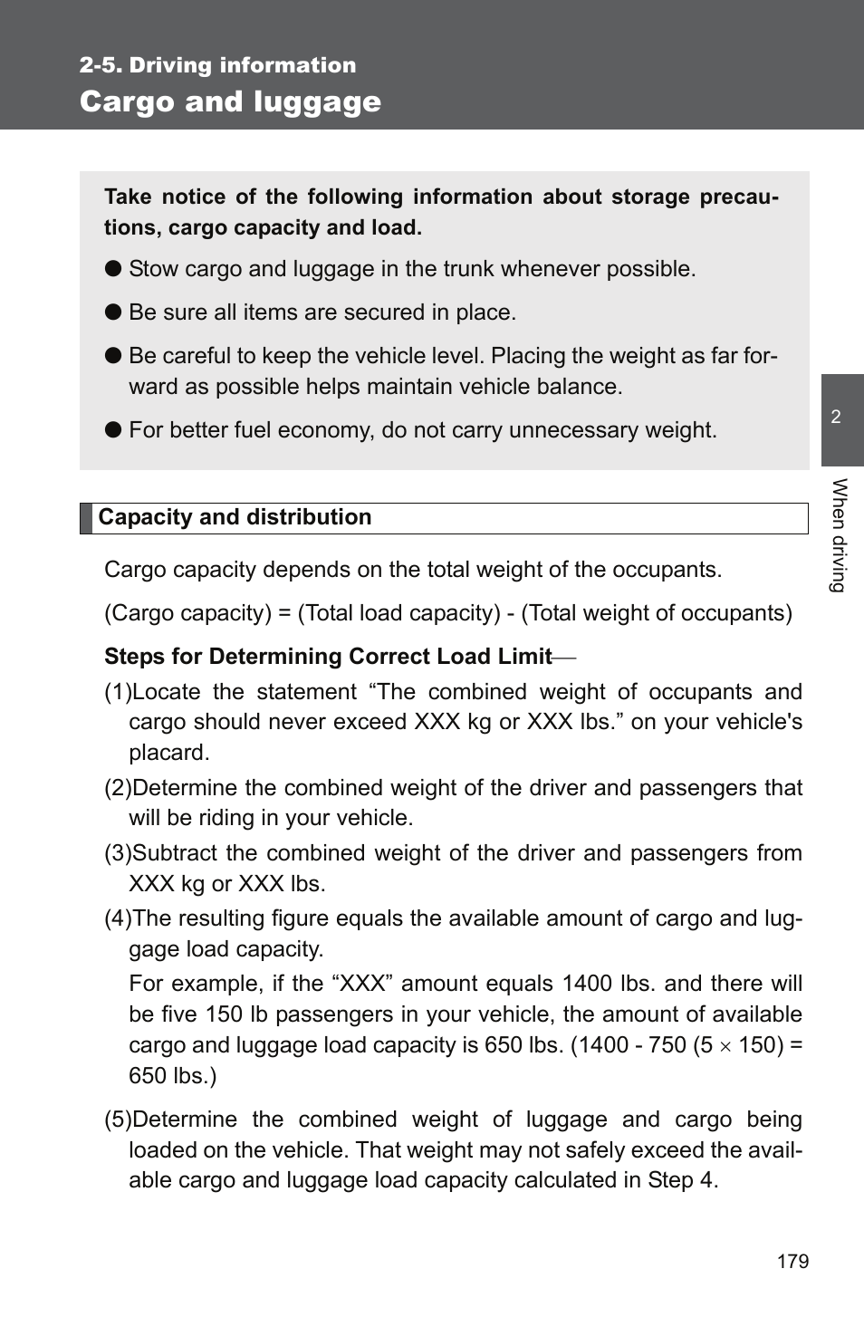 5. driving information, Cargo and luggage | TOYOTA 2011 Camry User Manual | Page 206 / 573