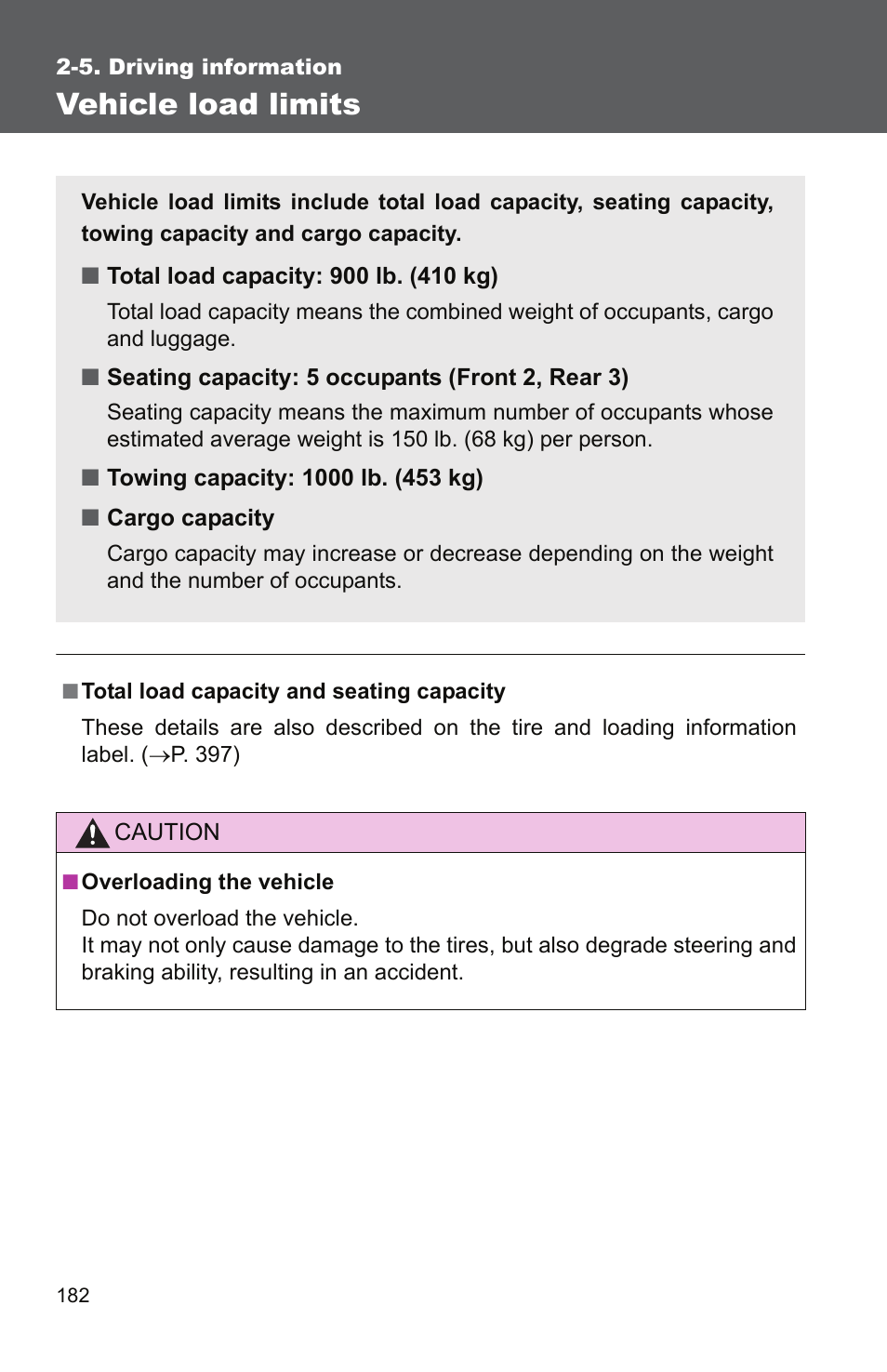 Vehicle load limits | TOYOTA 2011 Camry User Manual | Page 209 / 573