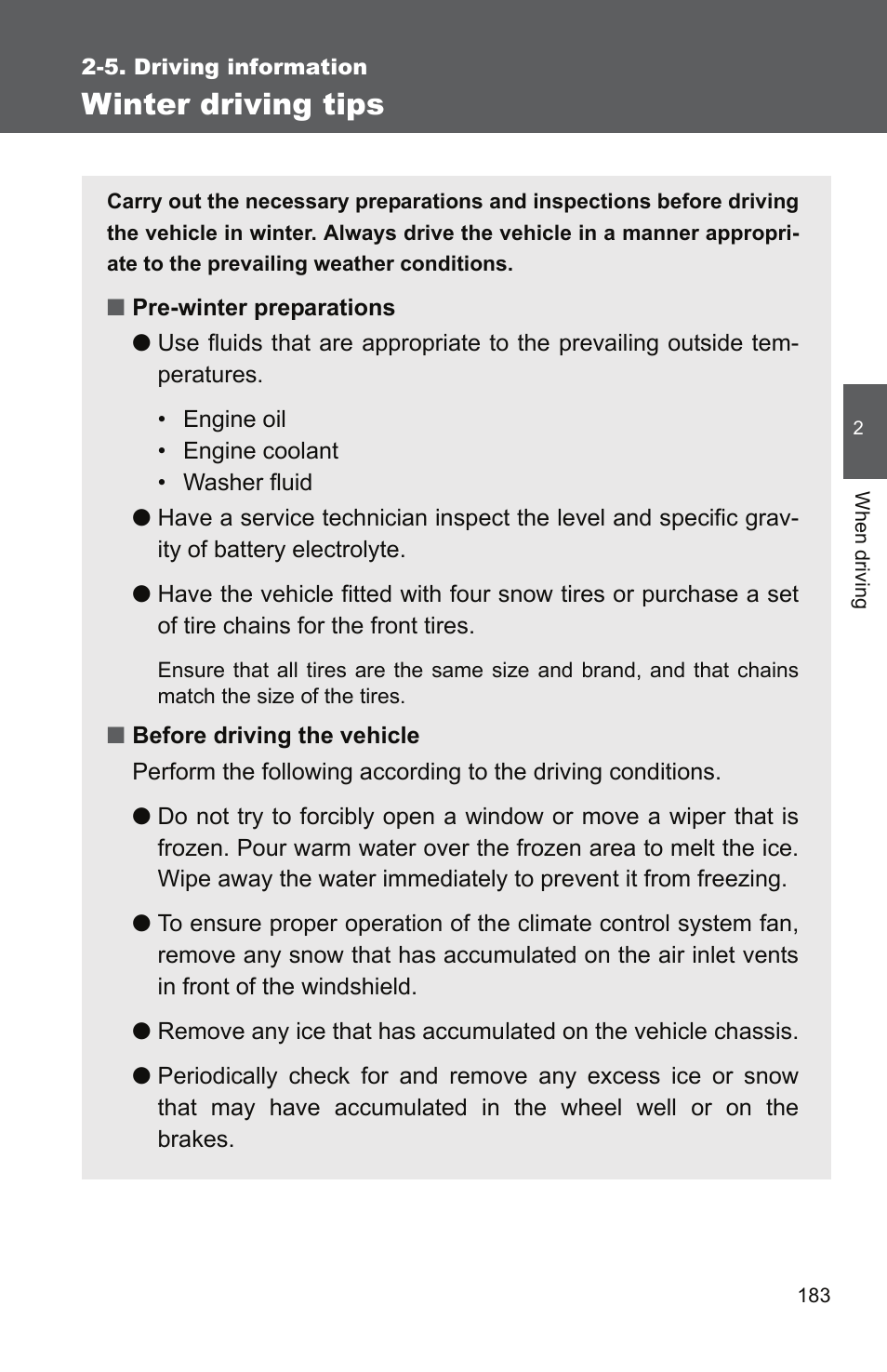 Winter driving tips | TOYOTA 2011 Camry User Manual | Page 210 / 573