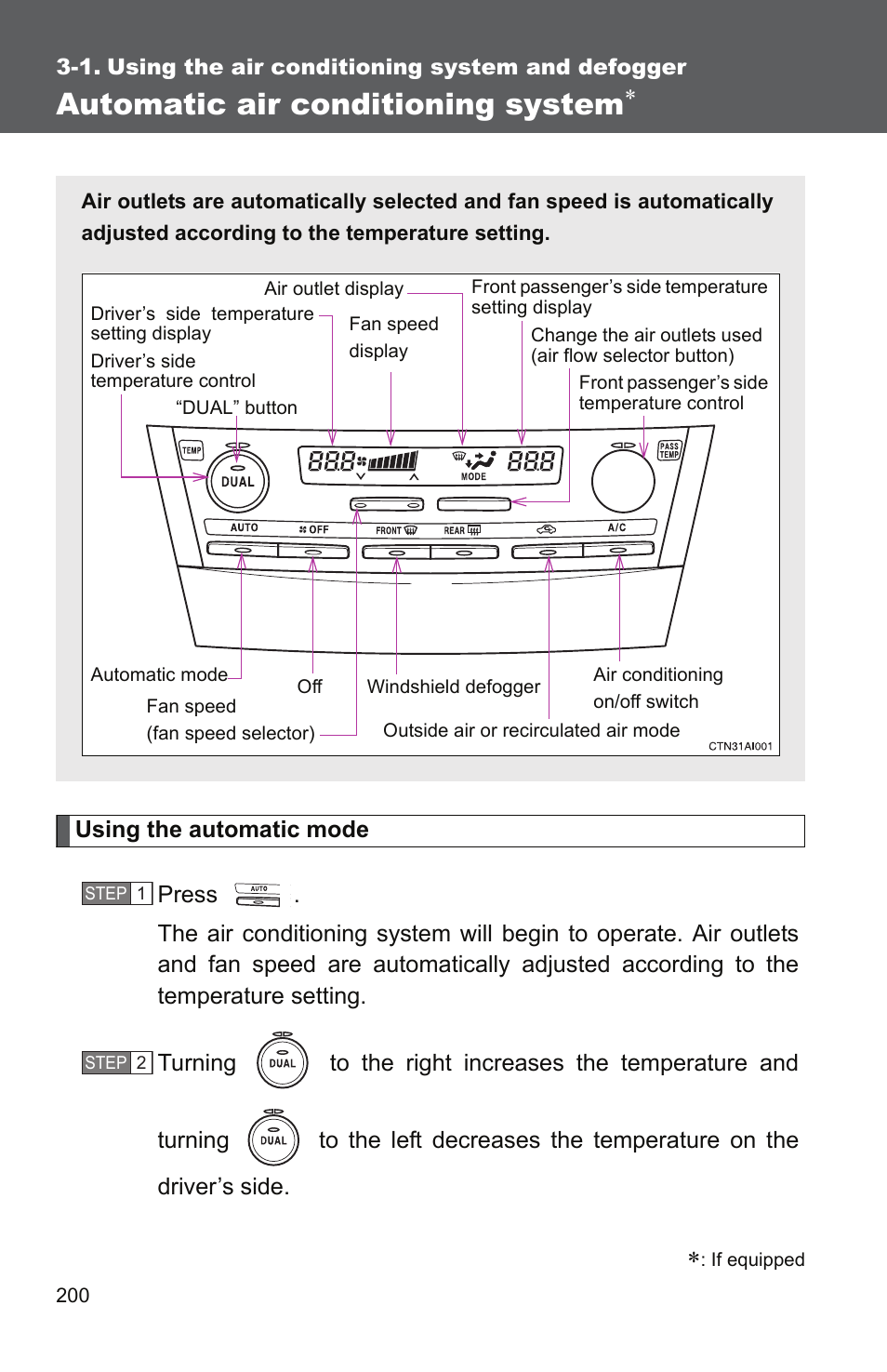 1. using the air conditioning system and defogger, Automatic air conditioning system | TOYOTA 2011 Camry User Manual | Page 225 / 573