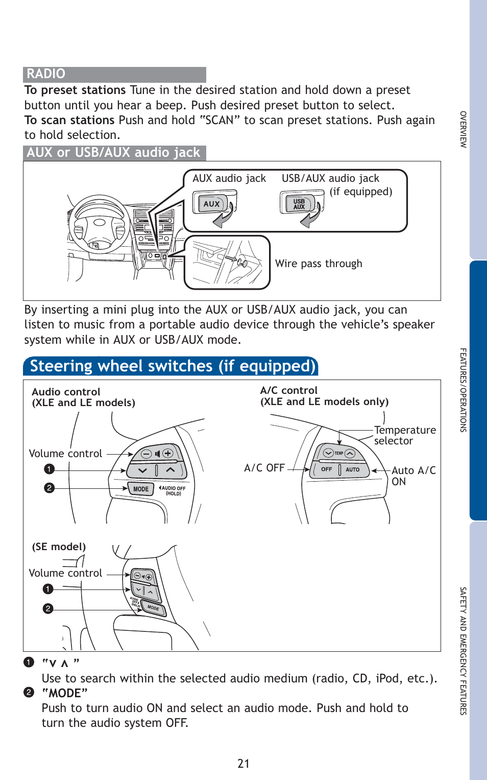 Steering wheel switches (if equipped), Aux or usb/aux audio jack, Radio | TOYOTA 2011 Camry User Manual | Page 23 / 573