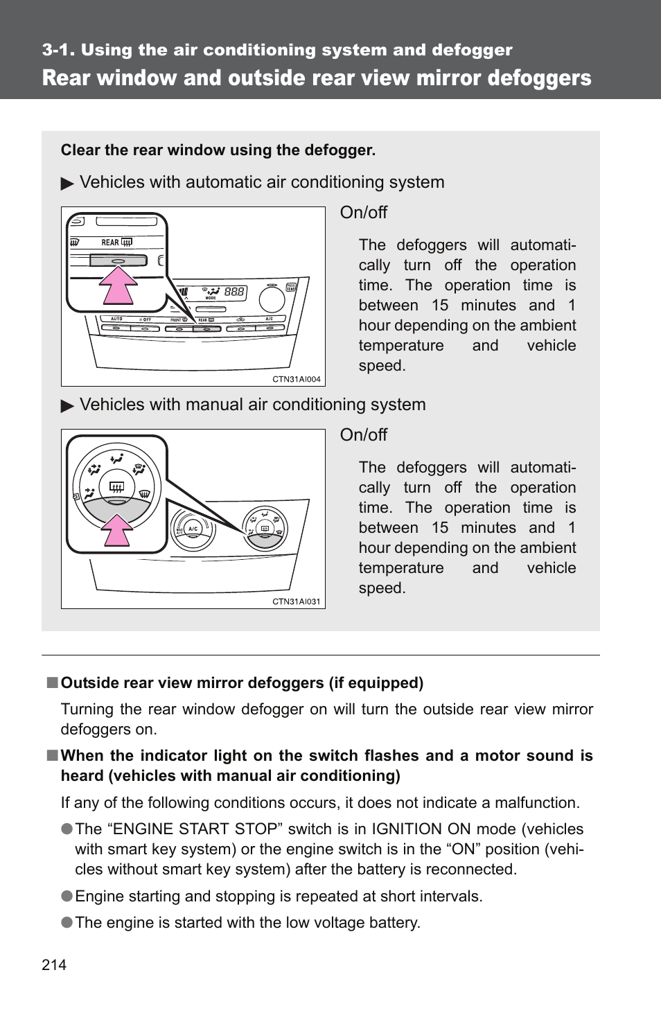 Rear window and outside rear view mirror defoggers | TOYOTA 2011 Camry User Manual | Page 239 / 573