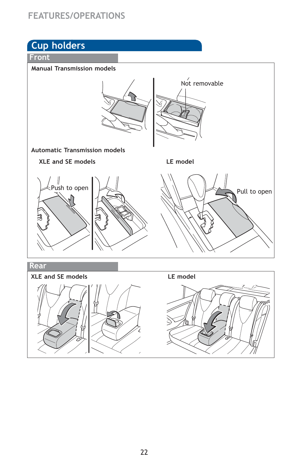 Cup holders, Features/operations | TOYOTA 2011 Camry User Manual | Page 24 / 573