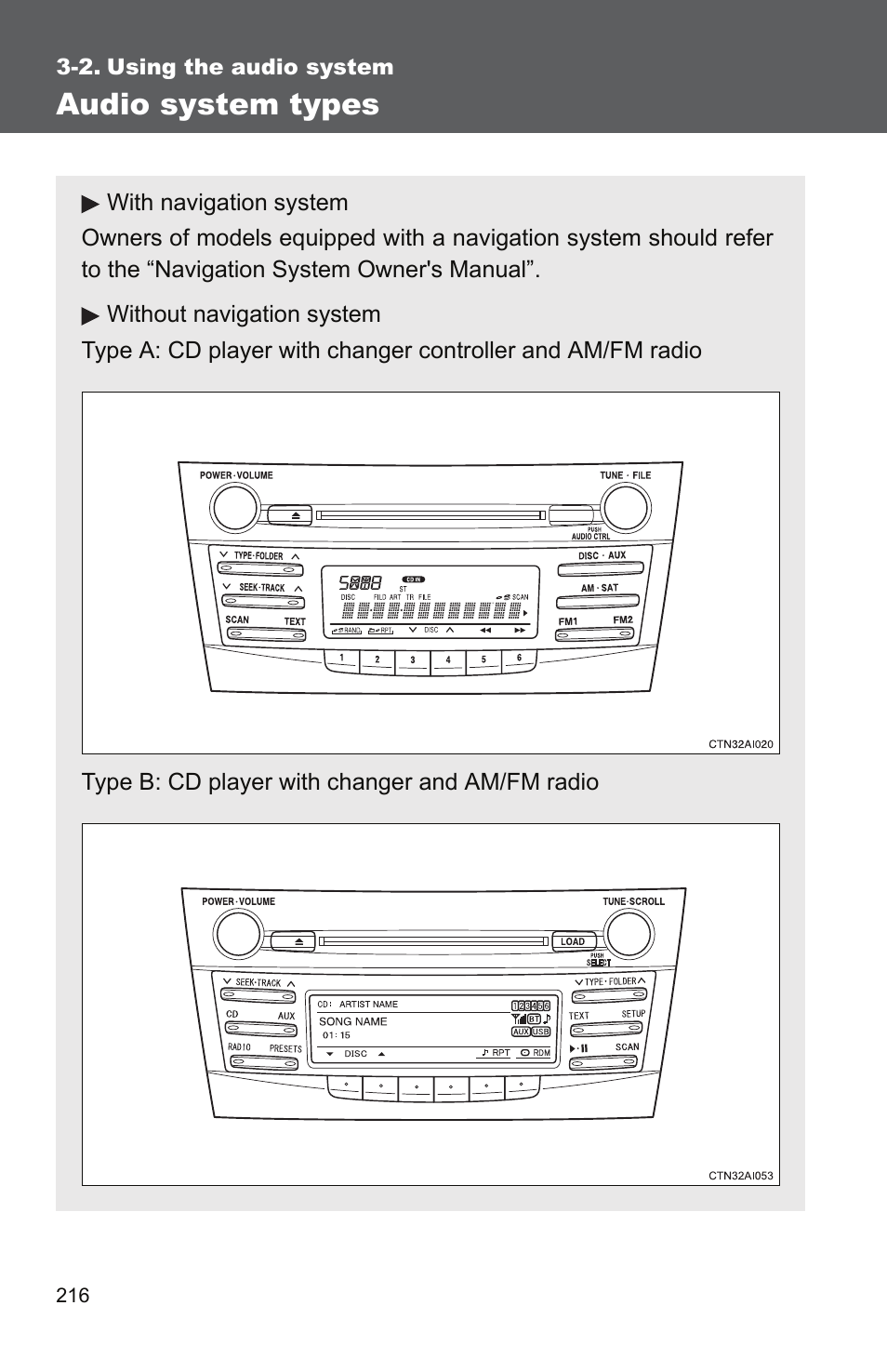 2. using the audio system, Audio system types | TOYOTA 2011 Camry User Manual | Page 241 / 573