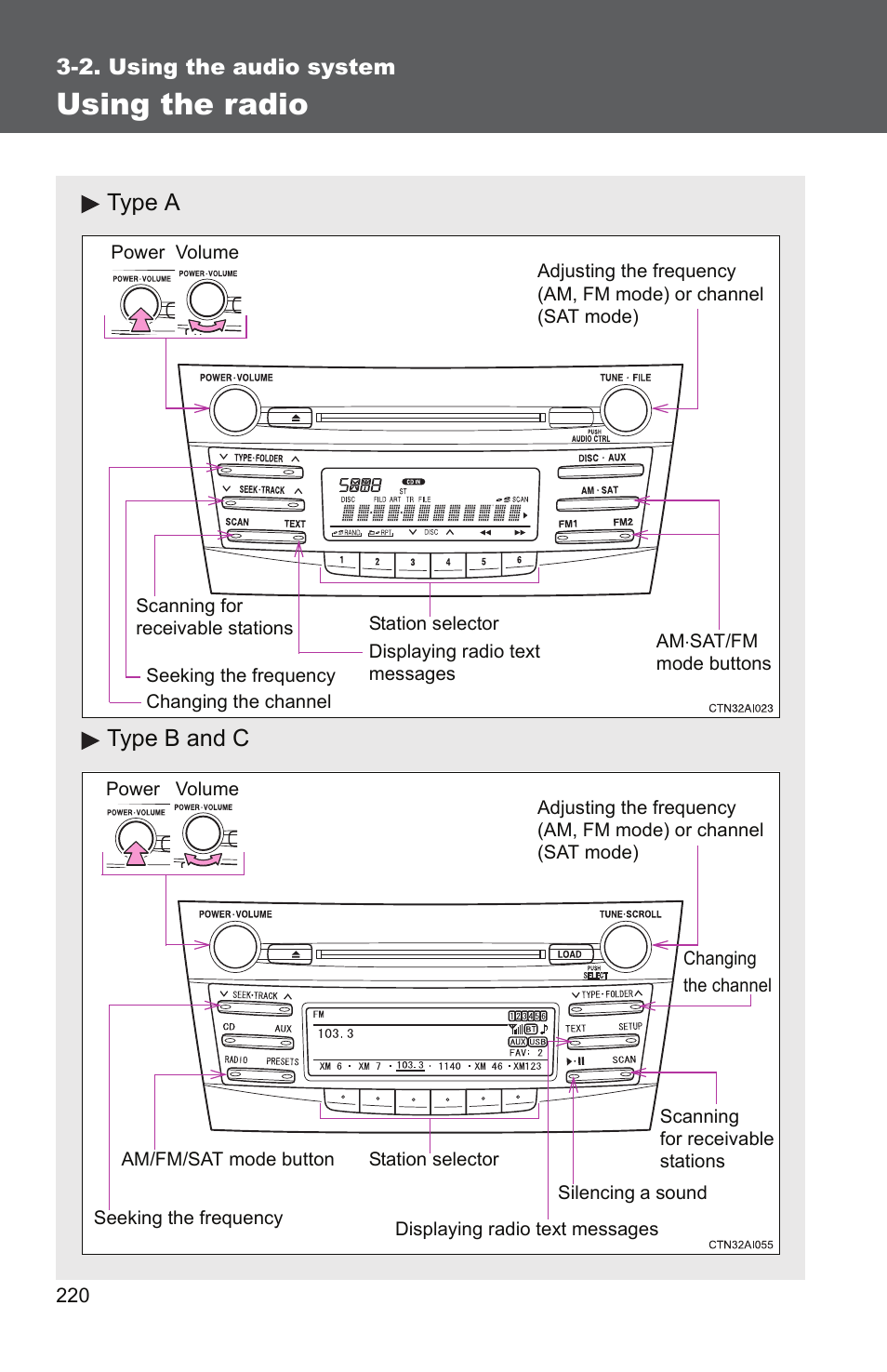 P. 220, Using the radio, Type a type b and c | TOYOTA 2011 Camry User Manual | Page 245 / 573