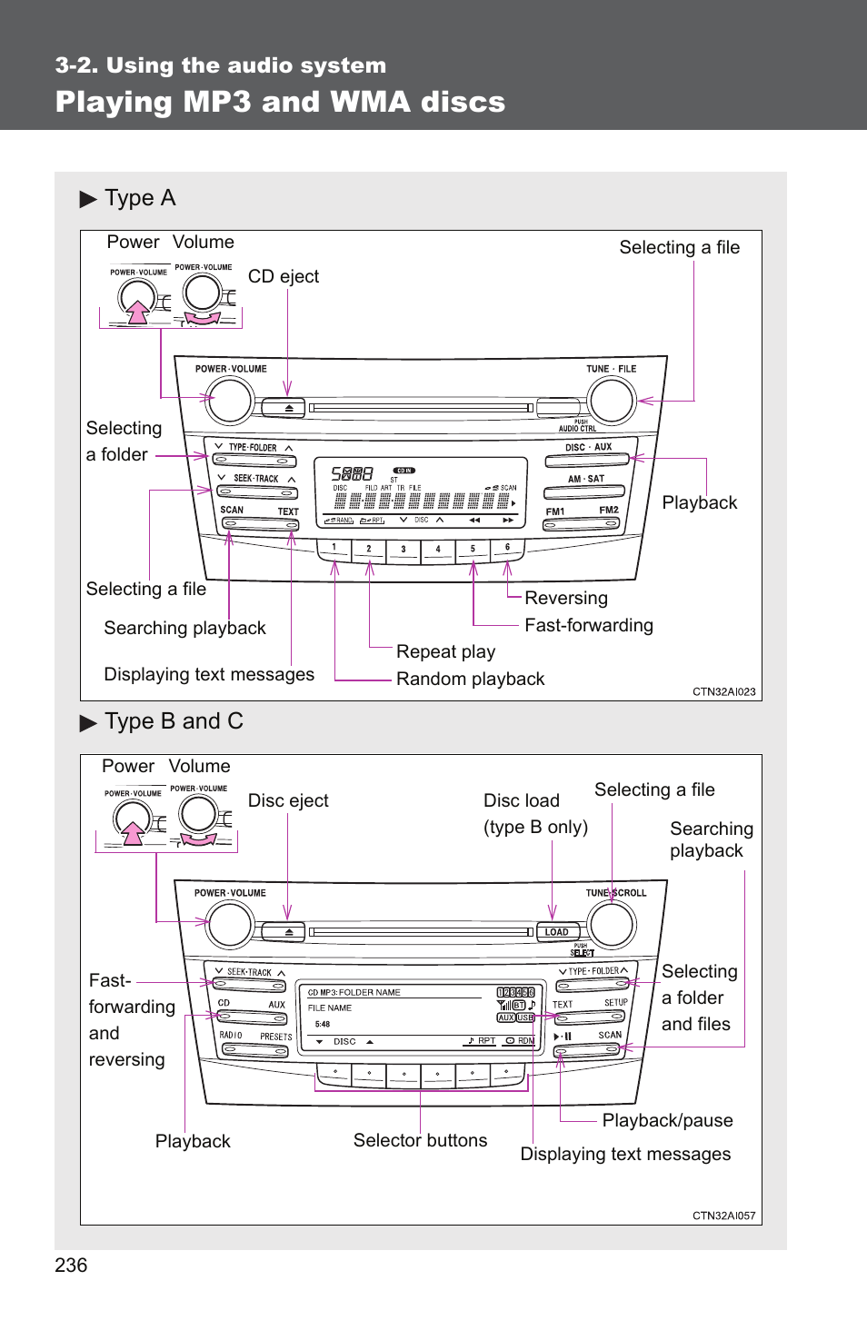 P. 236, Playing mp3 and wma discs, Type a type b and c | TOYOTA 2011 Camry User Manual | Page 261 / 573