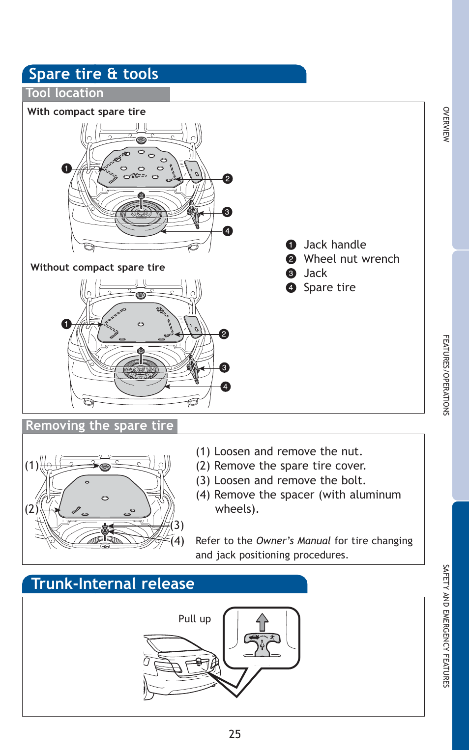 Spare tire & tools, Trunk-internal release, Tool location | Removing the spare tire | TOYOTA 2011 Camry User Manual | Page 27 / 573