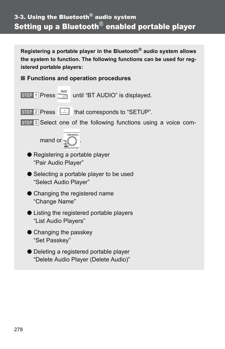 P. 278, Setting up a bluetooth, Enabled portable player | TOYOTA 2011 Camry User Manual | Page 303 / 573