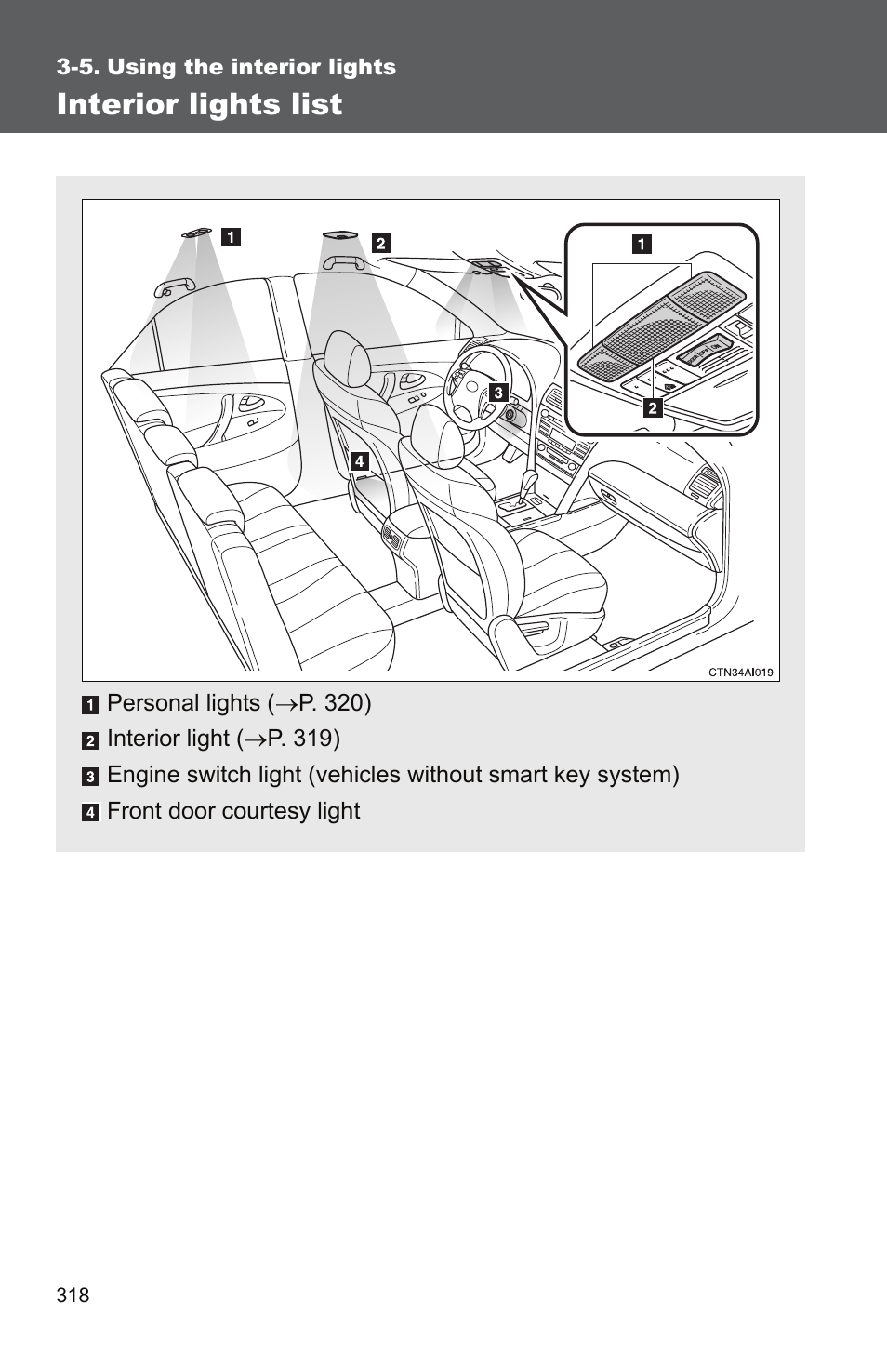 5. using the interior lights, Interior lights list | TOYOTA 2011 Camry User Manual | Page 343 / 573