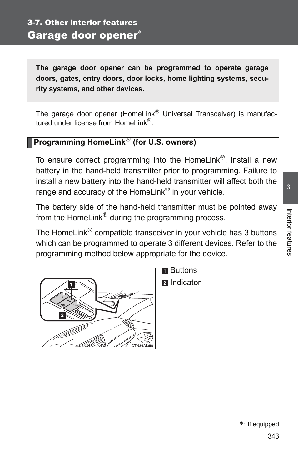 Garage door opener | TOYOTA 2011 Camry User Manual | Page 368 / 573