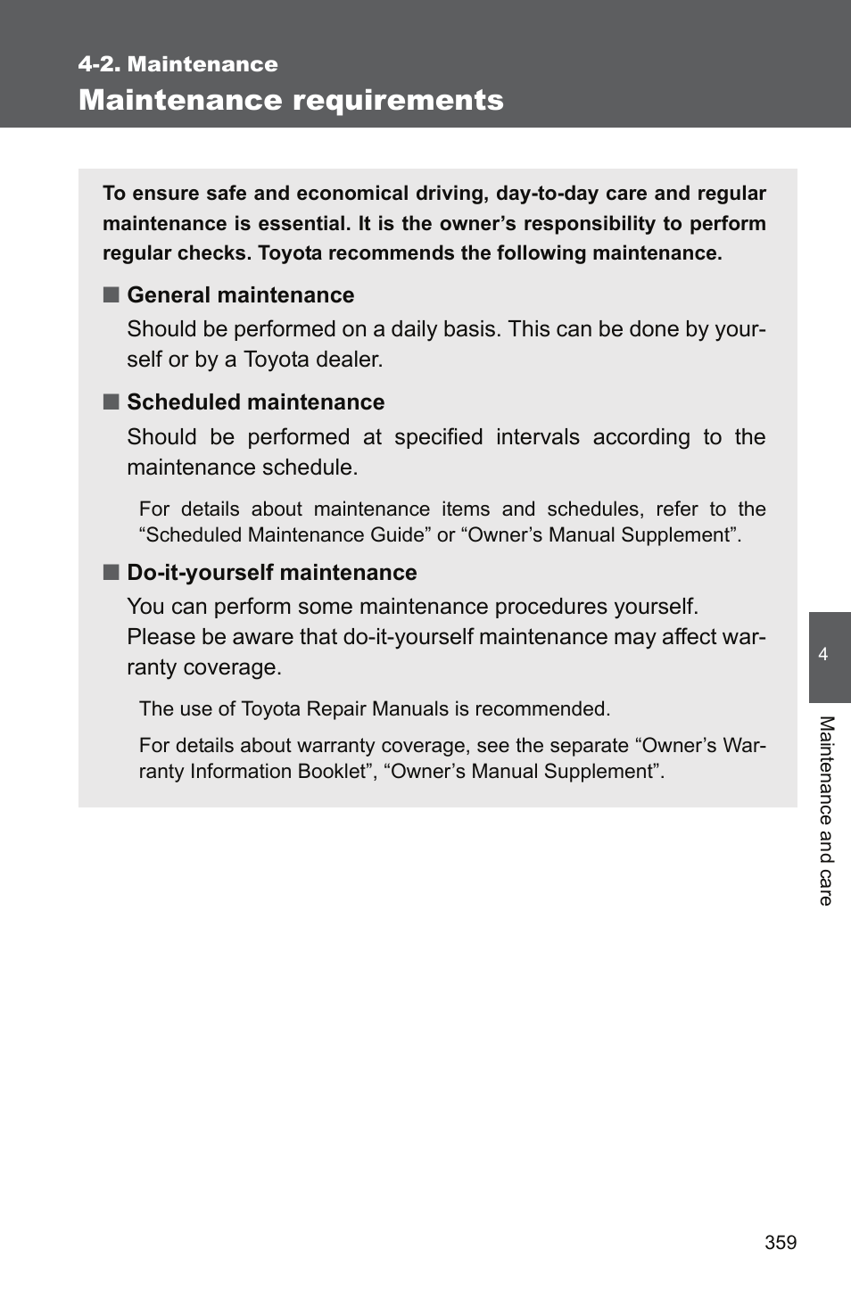 2. maintenance, Maintenance requirements | TOYOTA 2011 Camry User Manual | Page 383 / 573