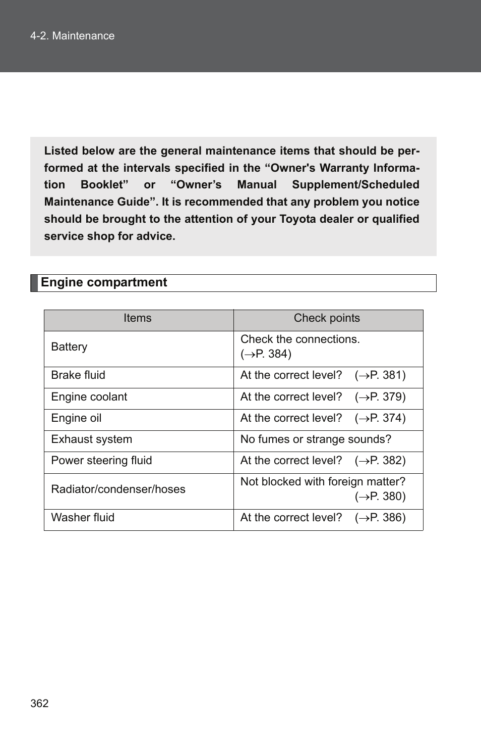 General maintenance | TOYOTA 2011 Camry User Manual | Page 386 / 573