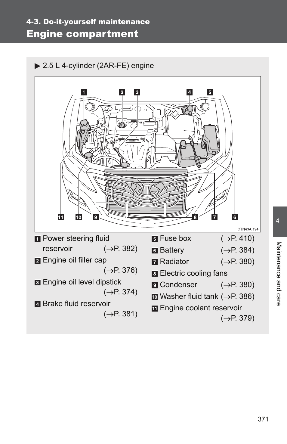 Engine compartment | TOYOTA 2011 Camry User Manual | Page 396 / 573