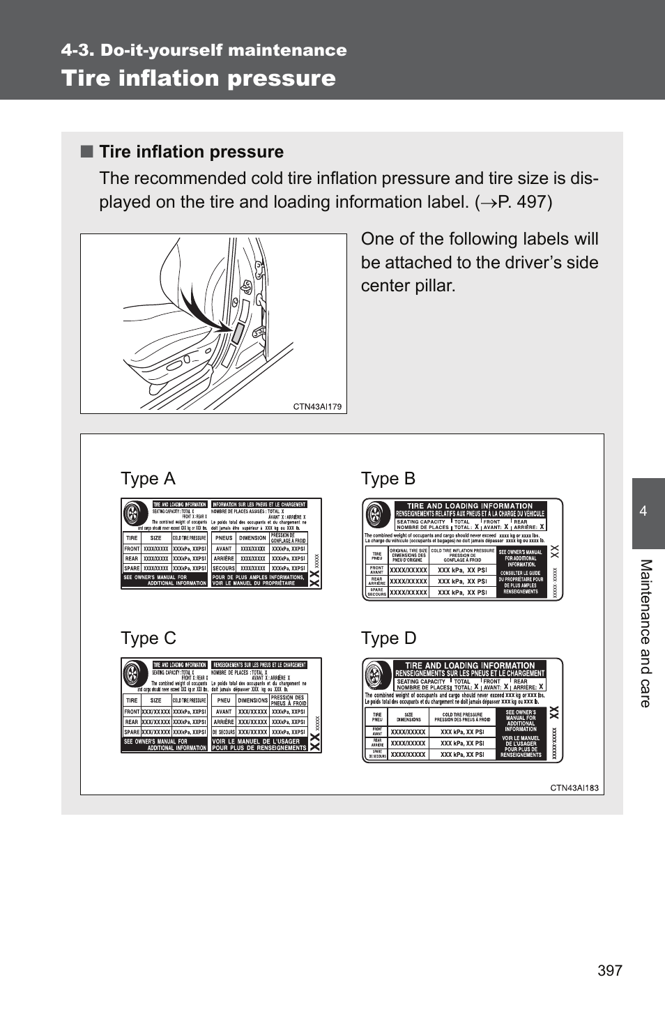P. 397), Tire inflation pressure | TOYOTA 2011 Camry User Manual | Page 422 / 573
