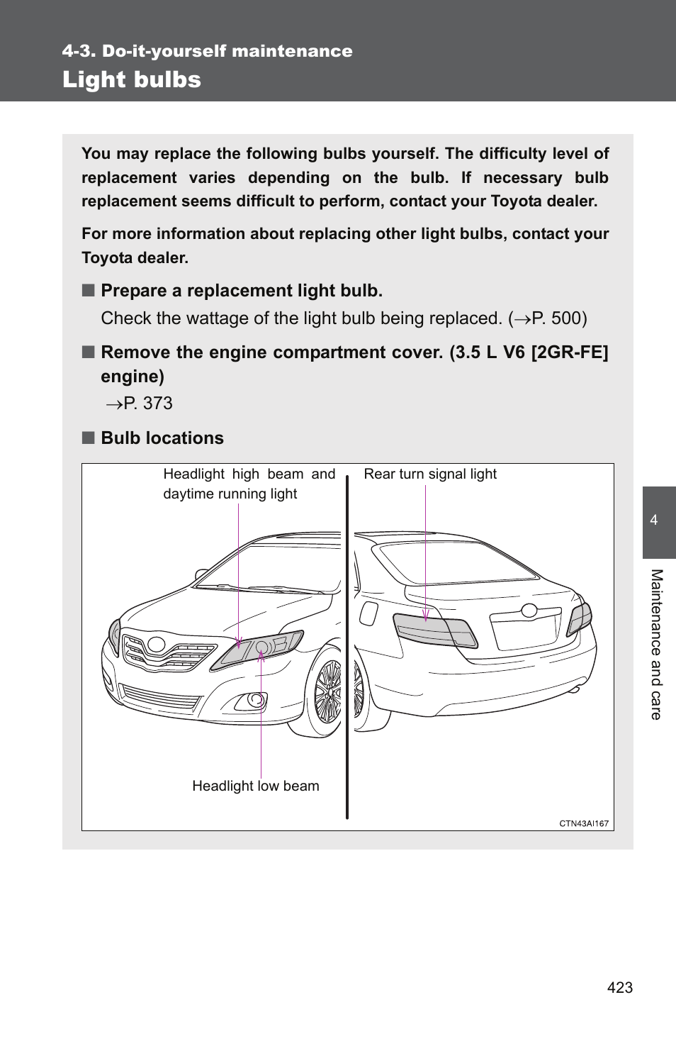 P. 423), Light bulbs | TOYOTA 2011 Camry User Manual | Page 448 / 573