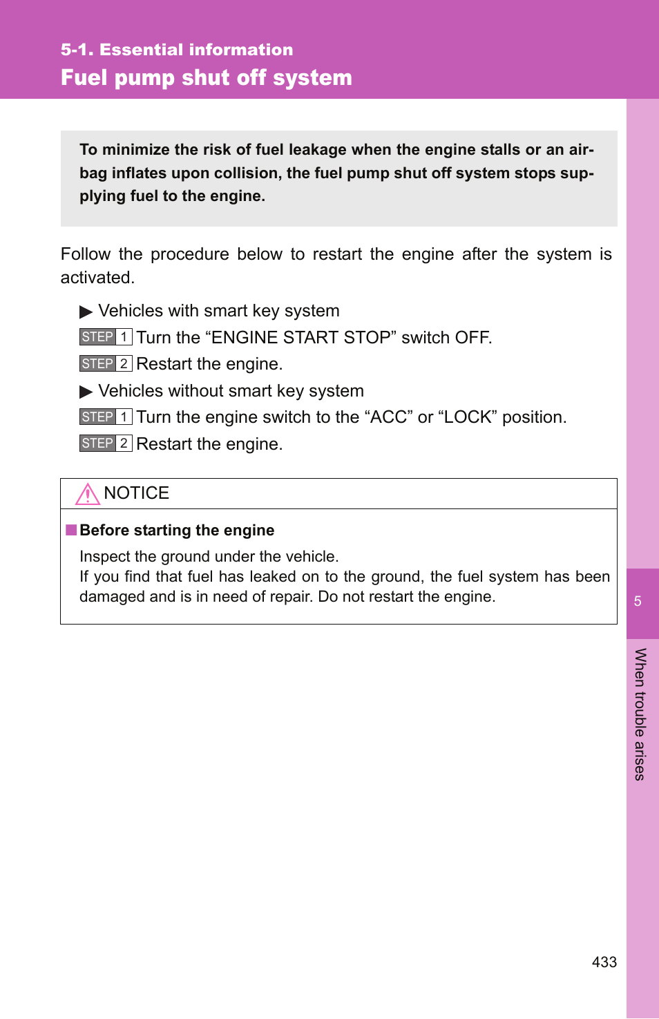 Fuel pump shut off system | TOYOTA 2011 Camry User Manual | Page 457 / 573