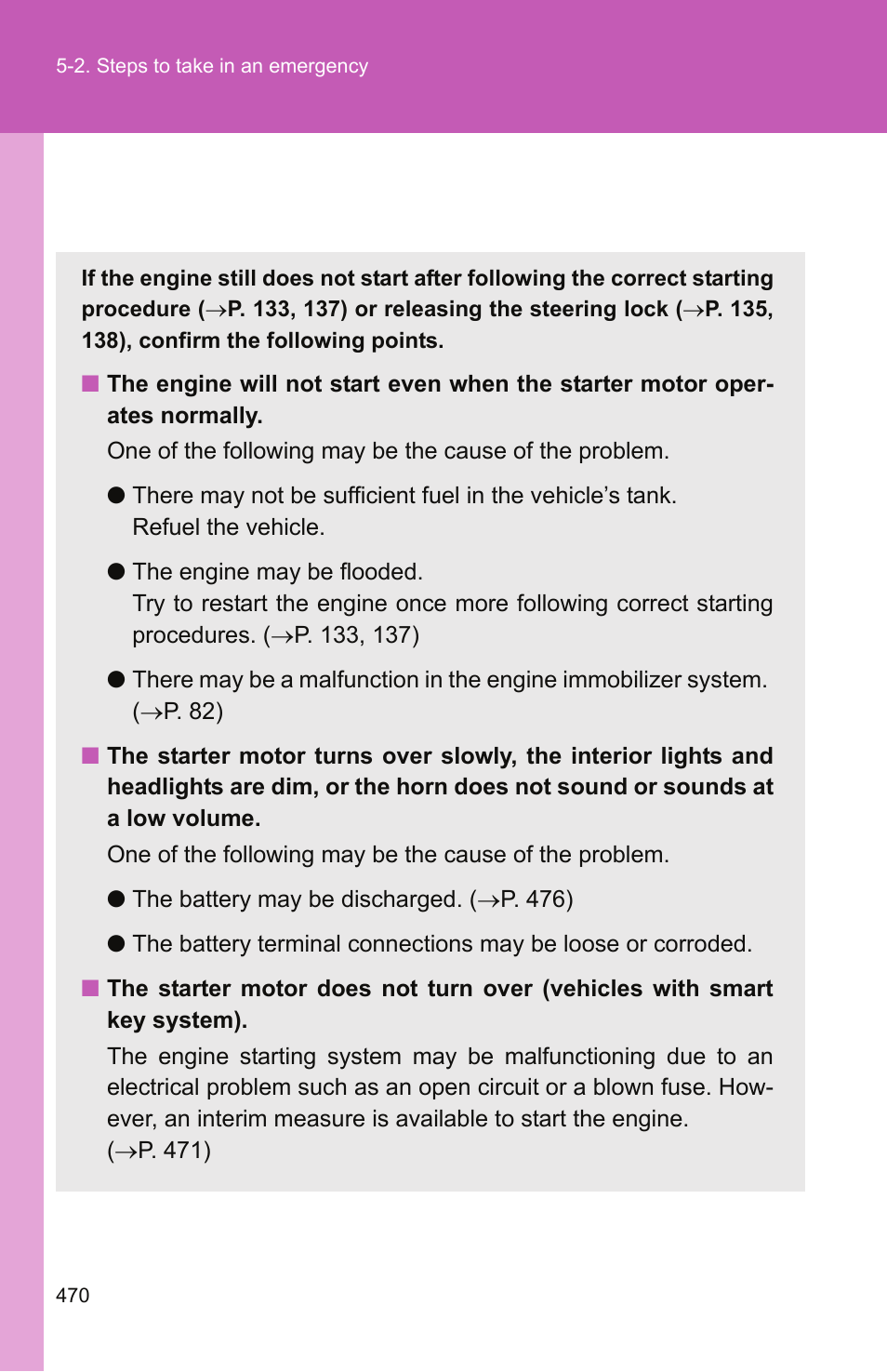 If the engine will not start | TOYOTA 2011 Camry User Manual | Page 494 / 573