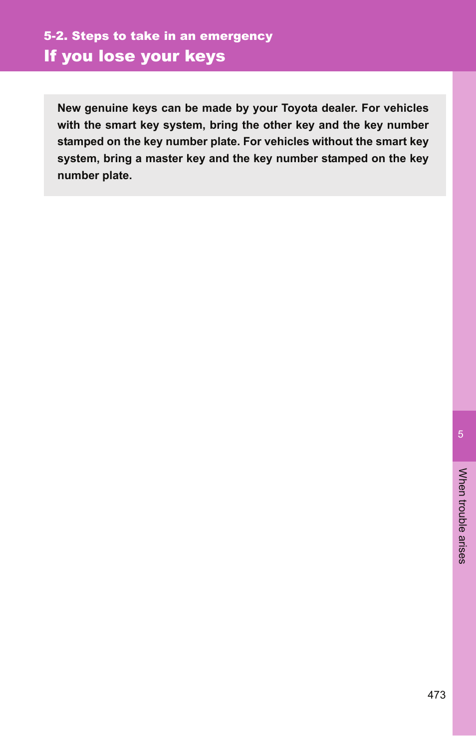 If you lose your keys | TOYOTA 2011 Camry User Manual | Page 497 / 573
