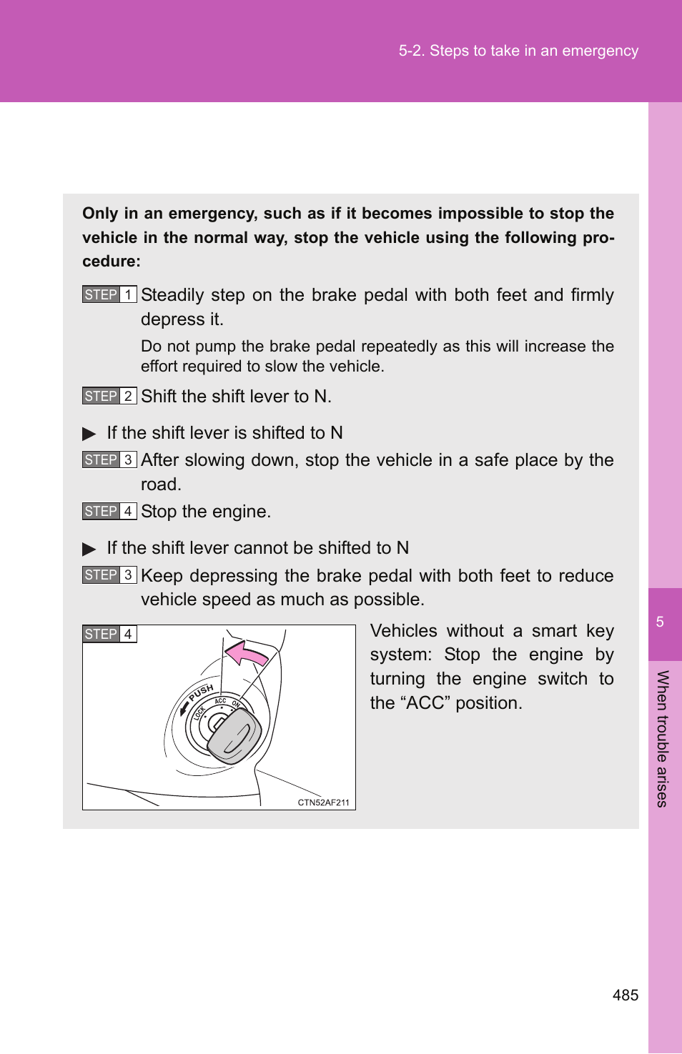 If your vehicle has to be stopped in an emergency | TOYOTA 2011 Camry User Manual | Page 509 / 573
