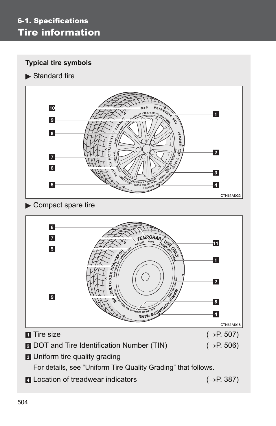 Tire information | TOYOTA 2011 Camry User Manual | Page 528 / 573