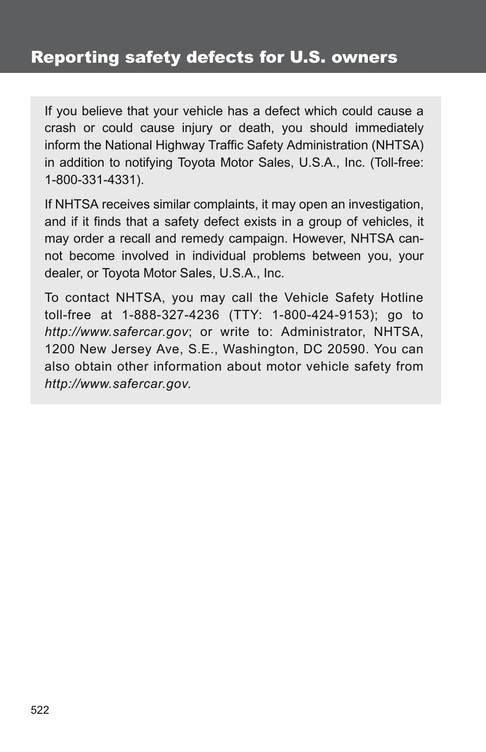 Reporting safety defects for u.s. owners | TOYOTA 2011 Camry User Manual | Page 545 / 573