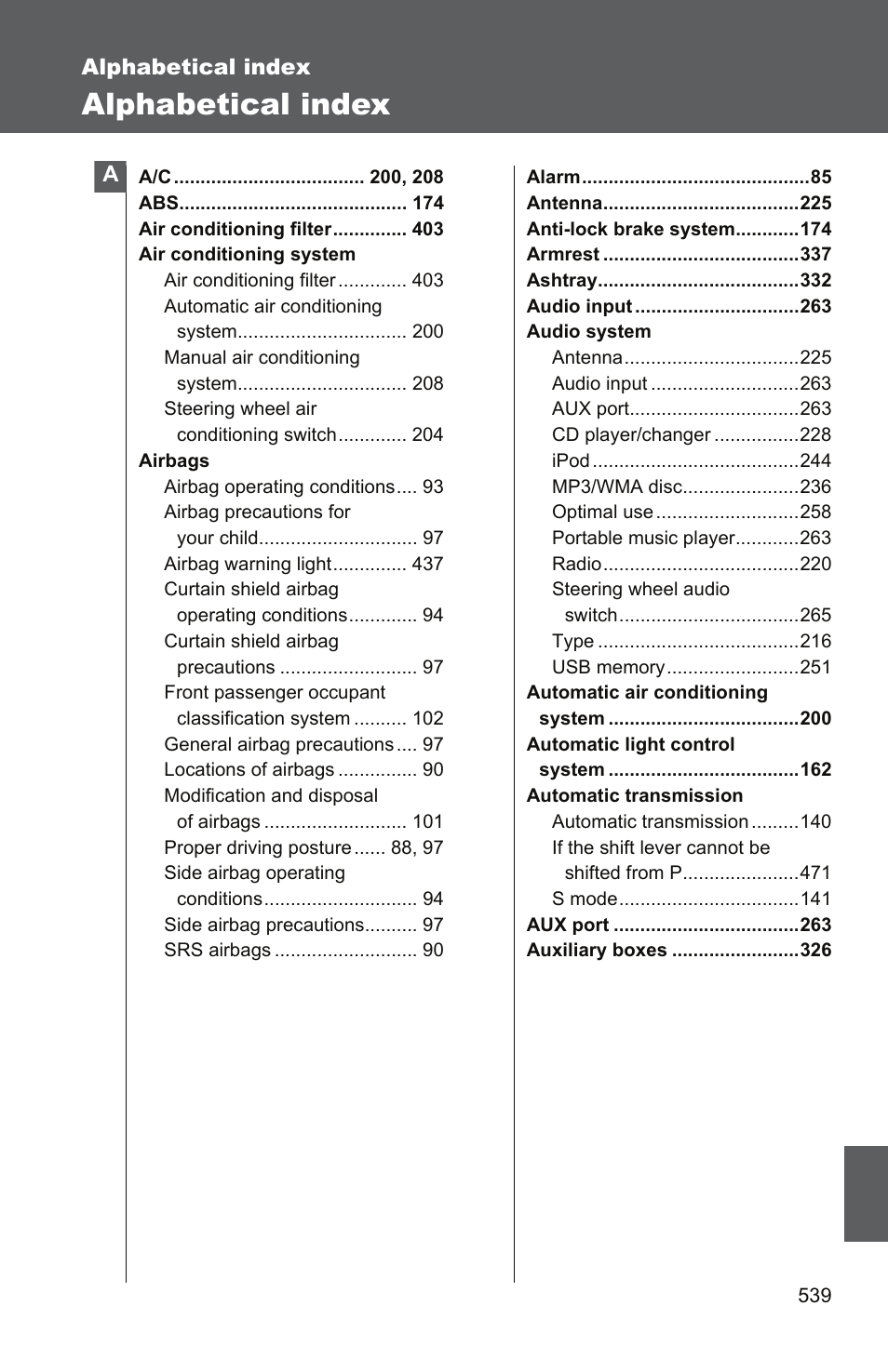 Alphabetical index | TOYOTA 2011 Camry User Manual | Page 560 / 573