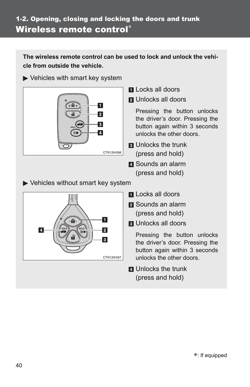 Wireless remote control | TOYOTA 2011 Camry User Manual | Page 68 / 573