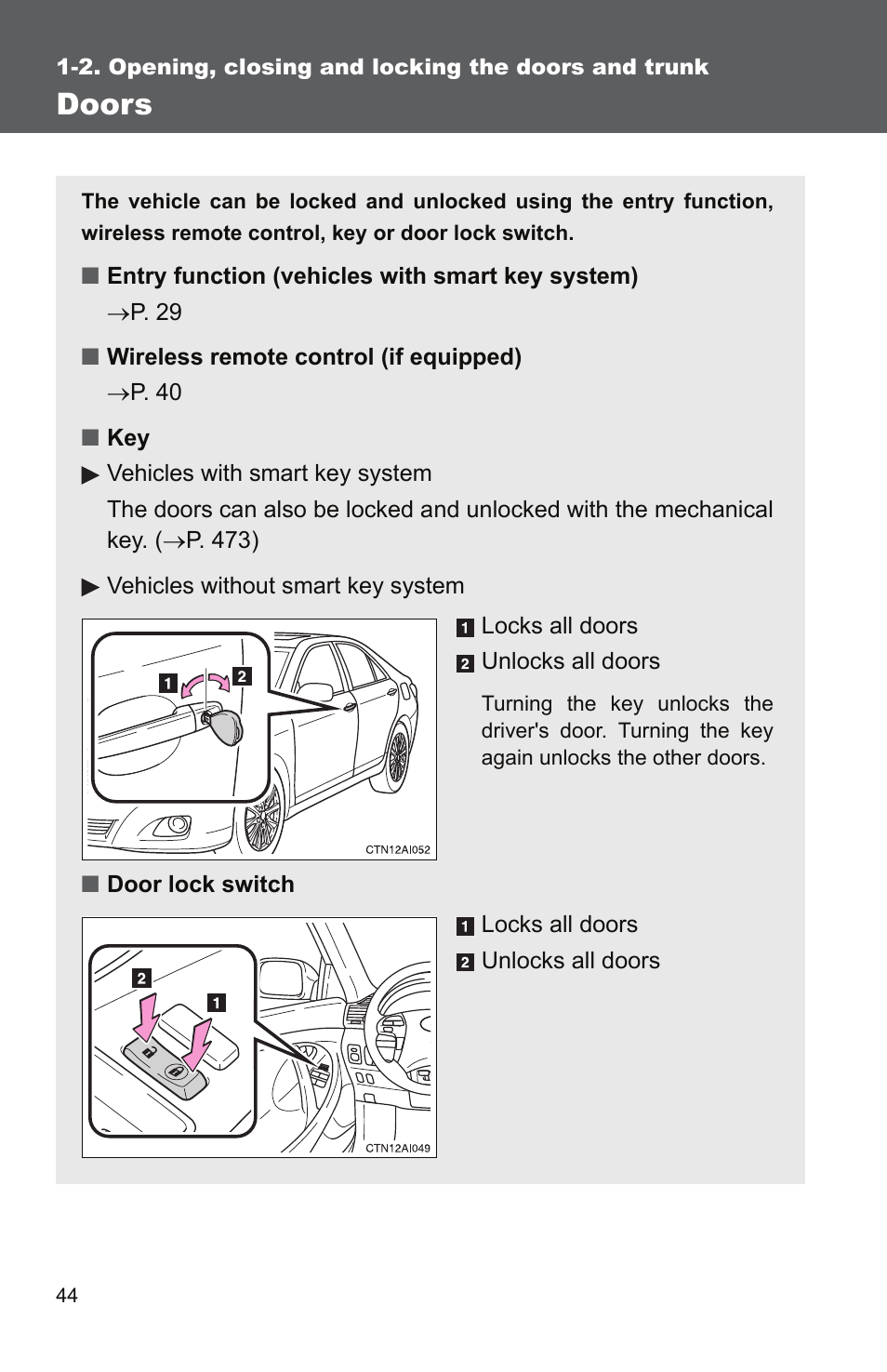 Doors | TOYOTA 2011 Camry User Manual | Page 72 / 573