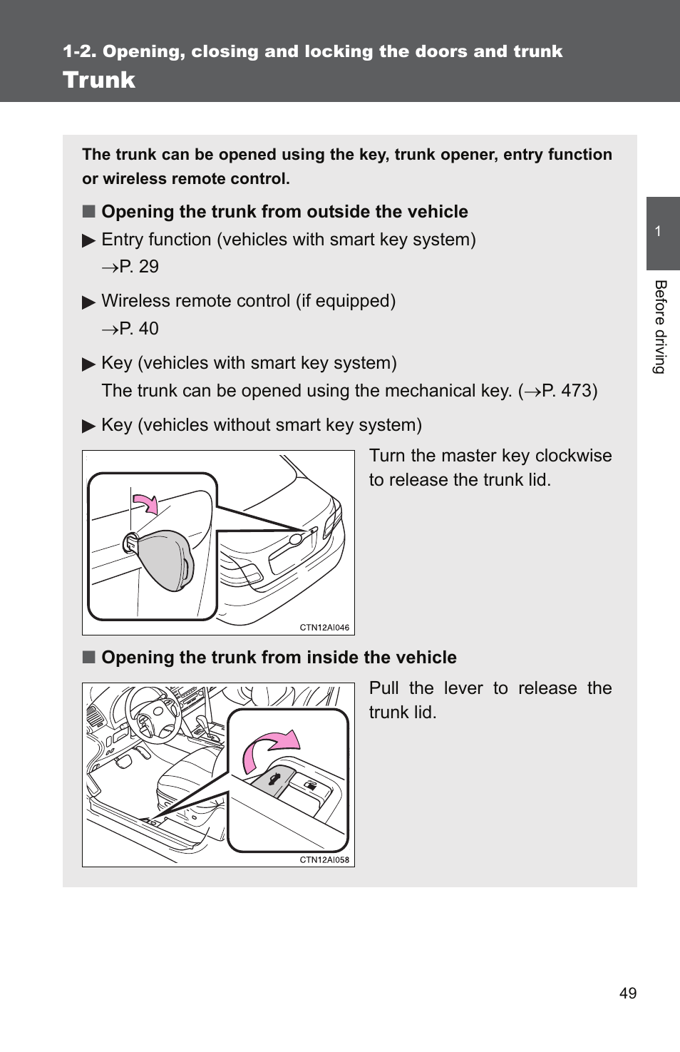 Trunk | TOYOTA 2011 Camry User Manual | Page 77 / 573