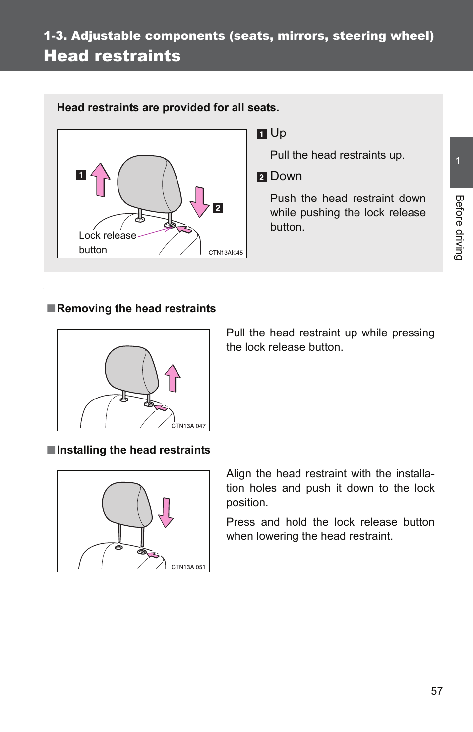 Head restraints | TOYOTA 2011 Camry User Manual | Page 85 / 573