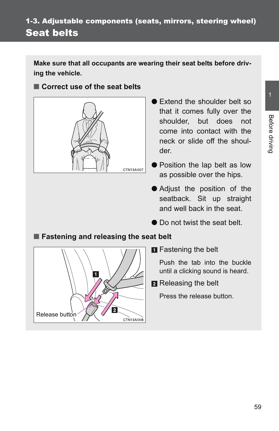 Seat belts | TOYOTA 2011 Camry User Manual | Page 87 / 573