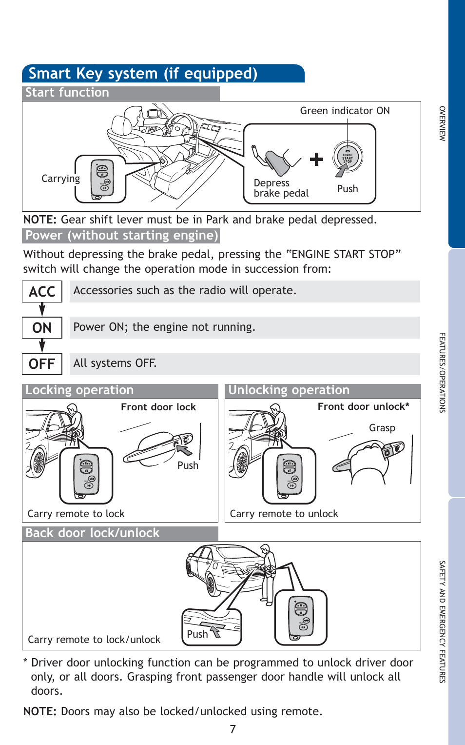 Smart key system (if equipped), Acc on off, Start function | Locking operation unlocking operation | TOYOTA 2011 Camry User Manual | Page 9 / 573