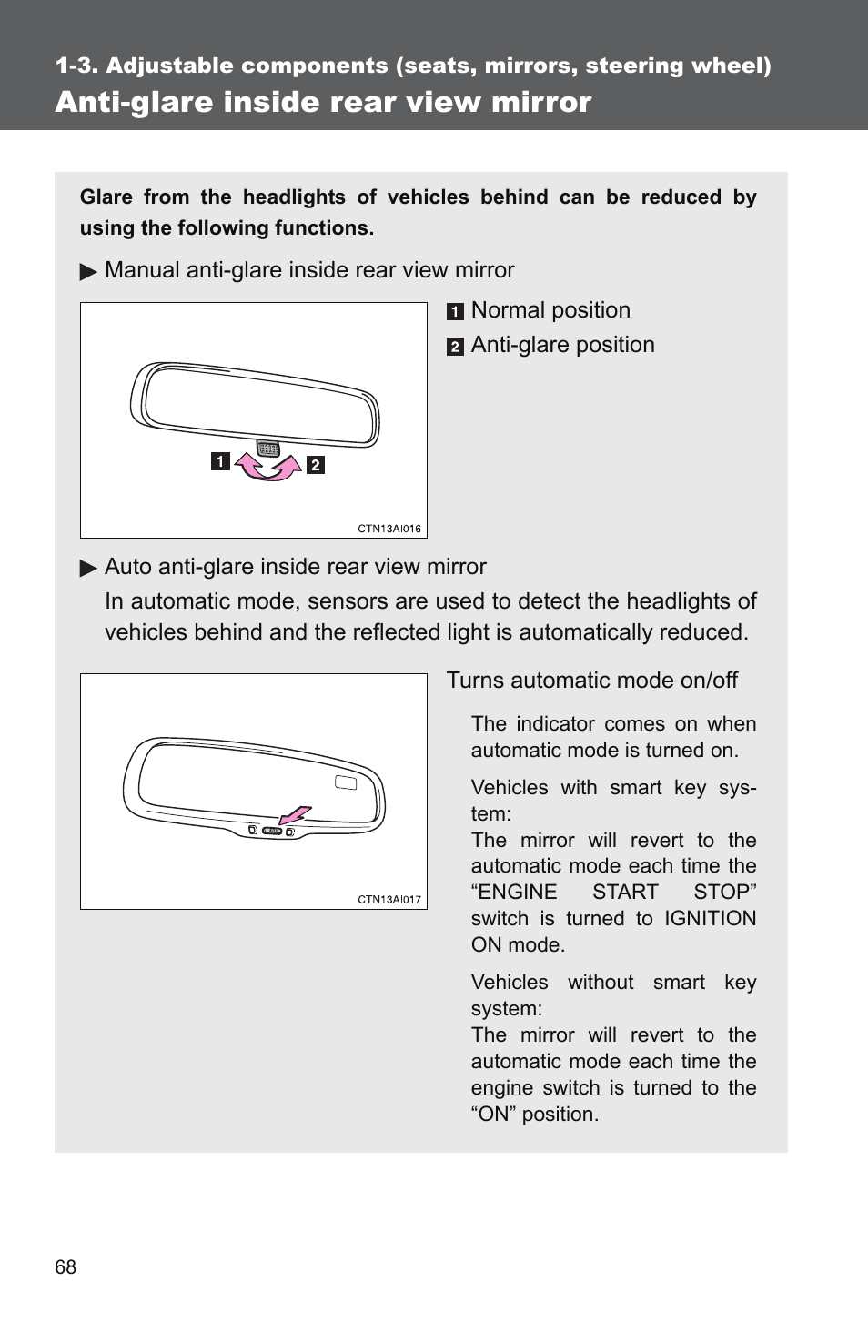 Anti-glare inside rear view mirror | TOYOTA 2011 Camry User Manual | Page 96 / 573