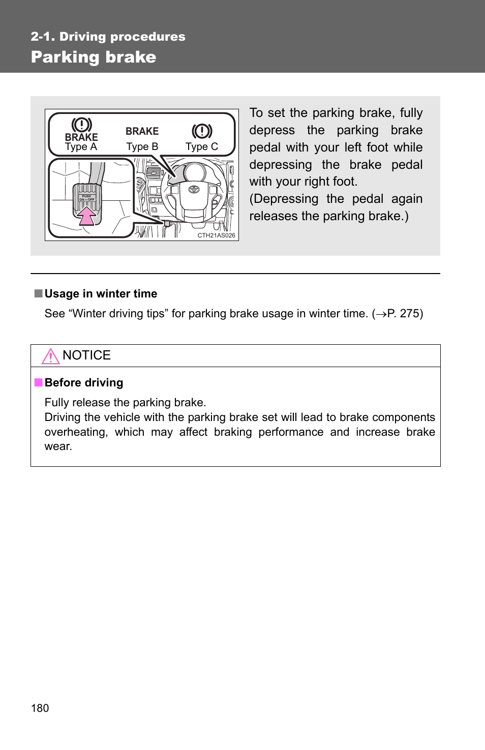 P. 180), Parking brake | TOYOTA 2011 4Runner User Manual | Page 204 / 697