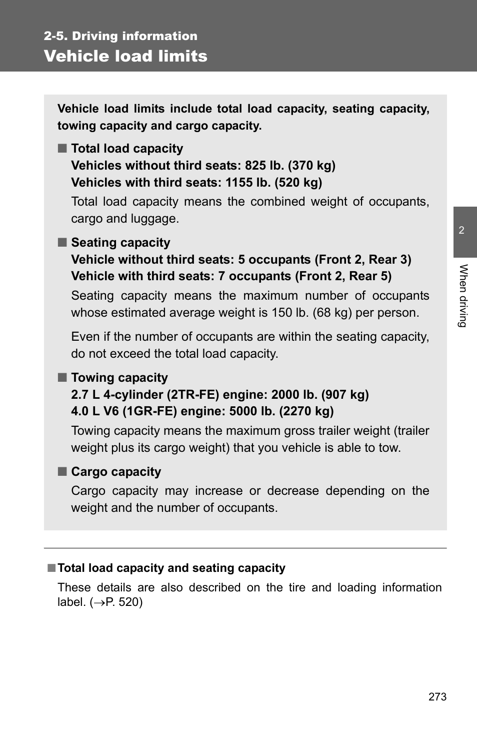 Vehicle load limits | TOYOTA 2011 4Runner User Manual | Page 297 / 697