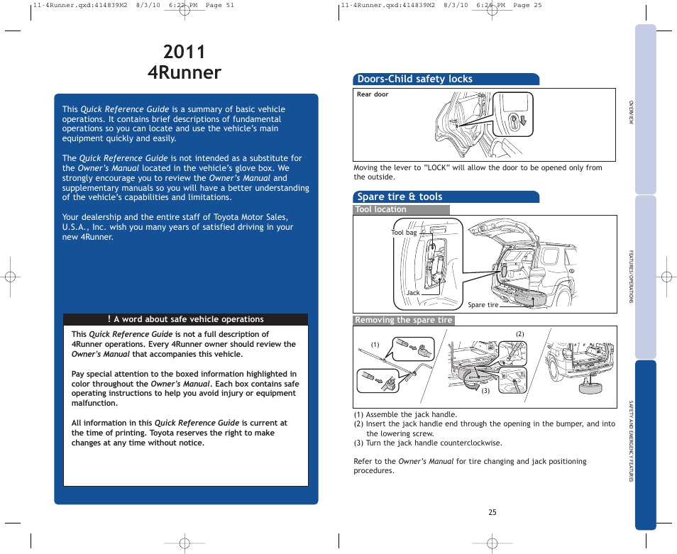 Doors-child safety locks, Spare tire & tools | TOYOTA 2011 4Runner User Manual | Page 30 / 697