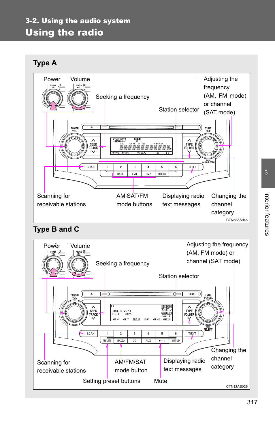 P. 317, Using the radio, Type a type b and c | TOYOTA 2011 4Runner User Manual | Page 339 / 697