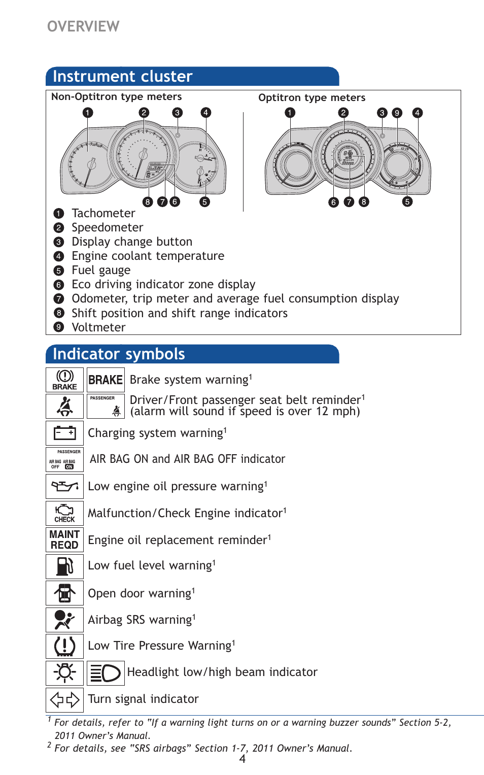 Instrument cluster, Indicator symbols, Overview | TOYOTA 2011 4Runner User Manual | Page 34 / 697