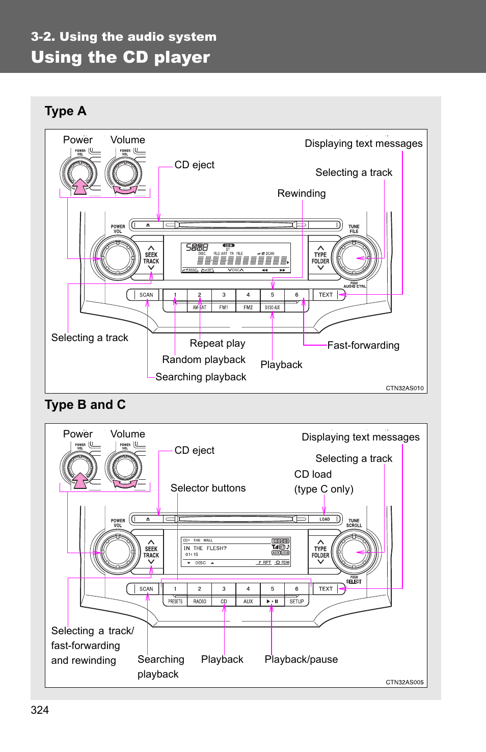 P. 324, Using the cd player, Type a type b and c | TOYOTA 2011 4Runner User Manual | Page 346 / 697