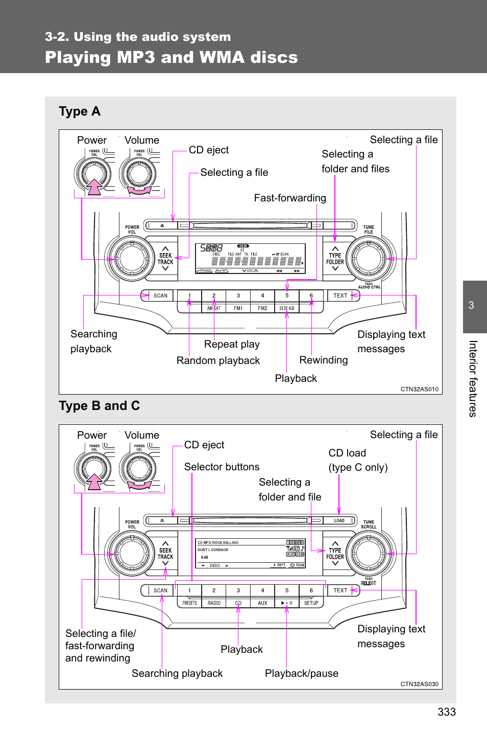 P. 333, Playing mp3 and wma discs, Type a type b and c | TOYOTA 2011 4Runner User Manual | Page 355 / 697