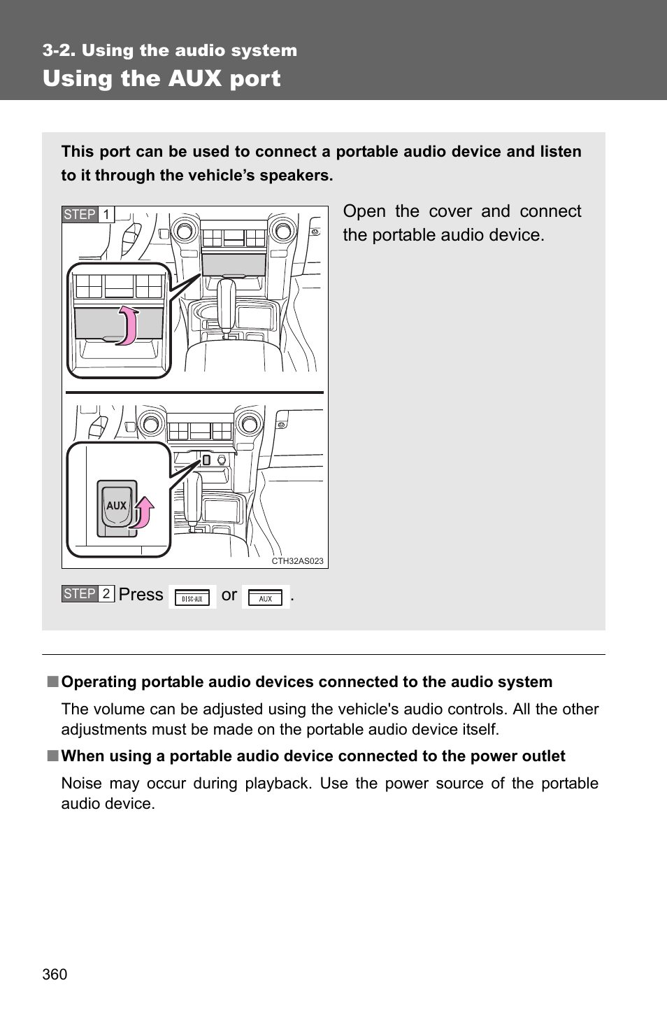 P. 360, Using the aux port | TOYOTA 2011 4Runner User Manual | Page 382 / 697