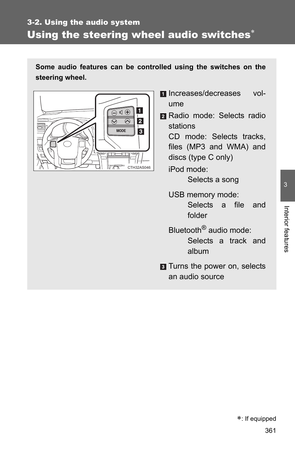 P. 361, Using the steering wheel audio switches | TOYOTA 2011 4Runner User Manual | Page 383 / 697