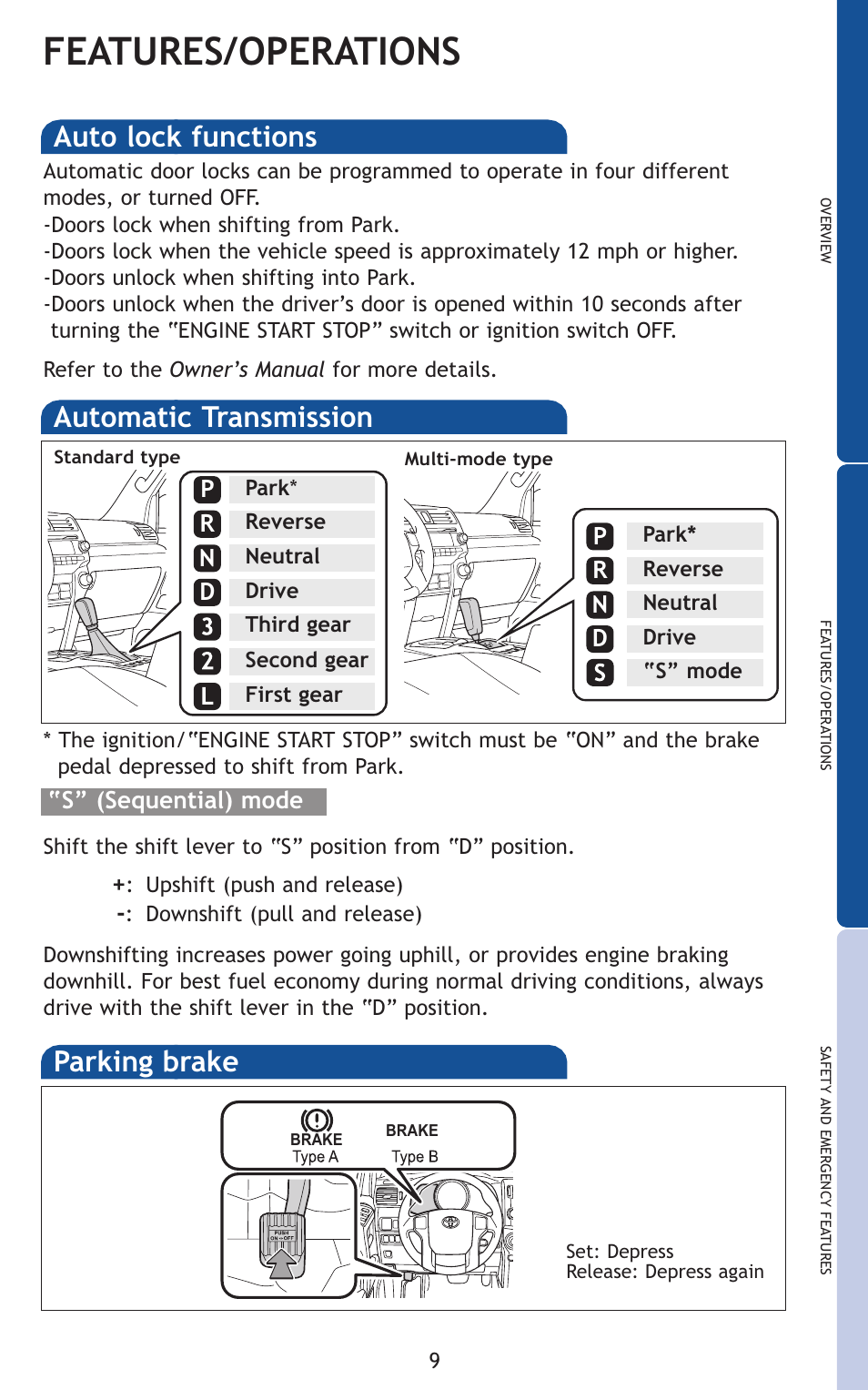 Features/operations, Automatic transmission, Auto lock functions | Parking brake | TOYOTA 2011 4Runner User Manual | Page 39 / 697