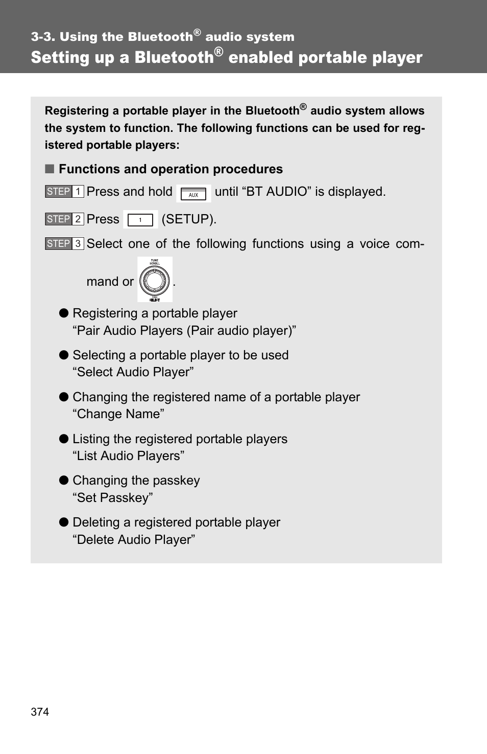 P. 374, Setting up a bluetooth, Enabled portable player | TOYOTA 2011 4Runner User Manual | Page 396 / 697