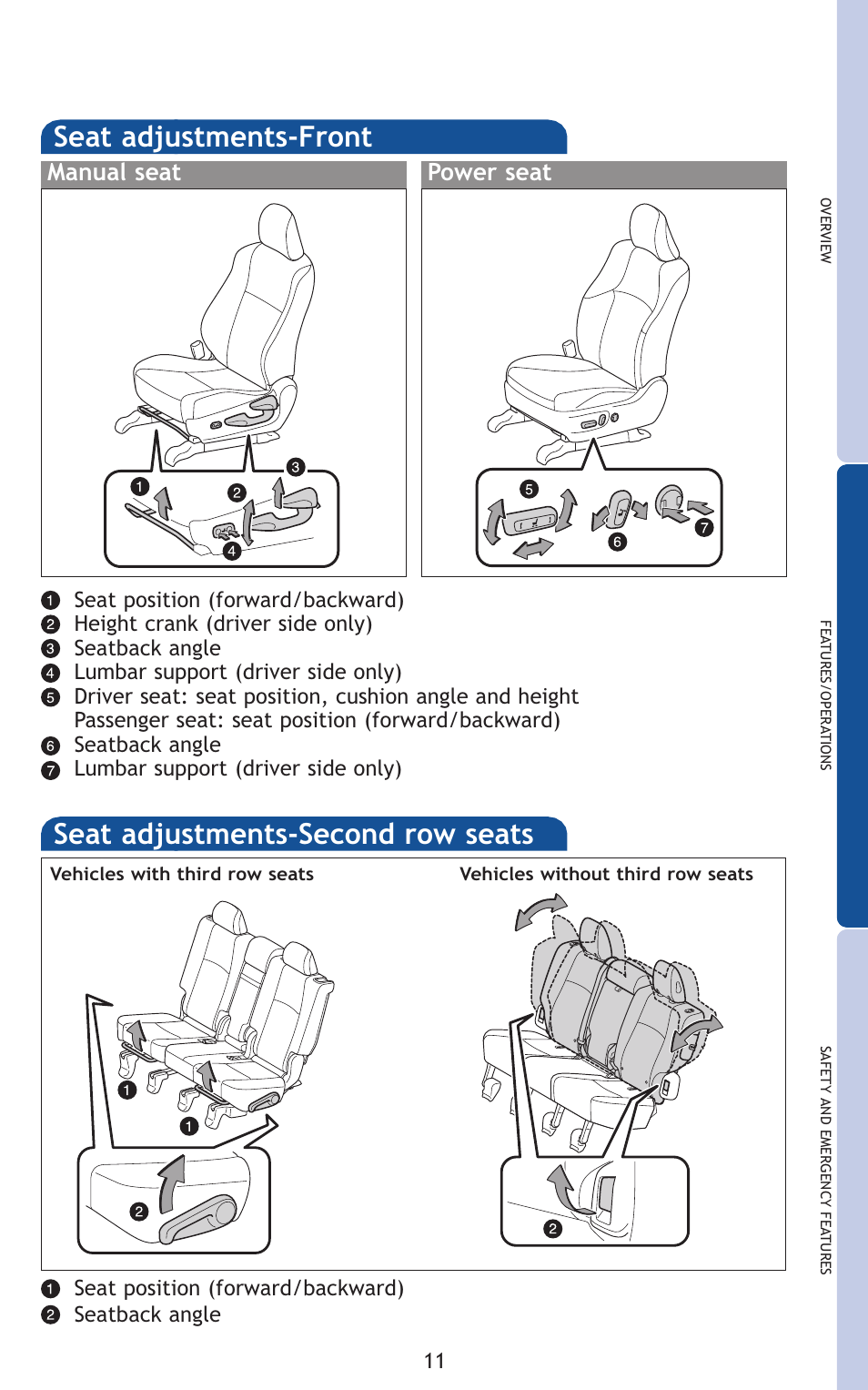 Seat adjustments-front, Seat adjustments-second row seats, Manual seat power seat | TOYOTA 2011 4Runner User Manual | Page 41 / 697