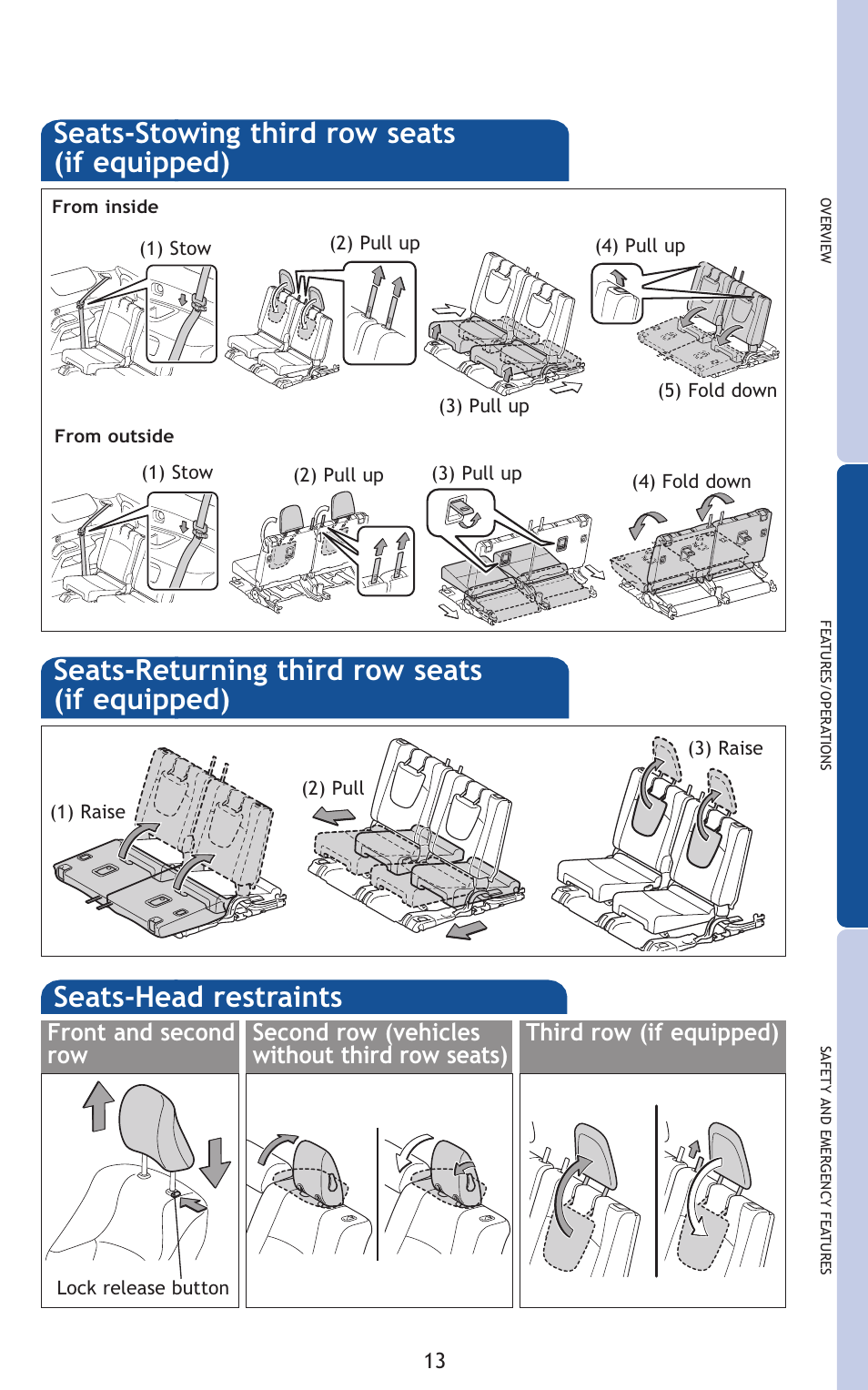 Seats-stowing third row seats (if equipped), Seats-returning third row seats (if equipped), Seats-head restraints | Front and second row | TOYOTA 2011 4Runner User Manual | Page 43 / 697